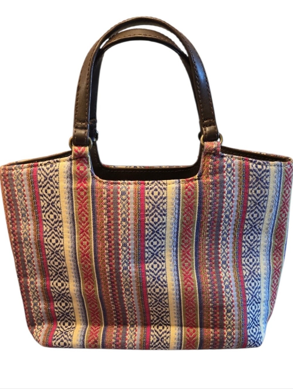 Woven Multi-Color Striped Smaller Bag with Brown Handles
